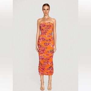 NWT SAU LEE FARRAH RUCHED MIDI DRESS